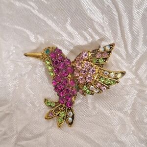 Vintage Gold Tone Pink Green Rhinestone HUMMINGBIRD Brooch